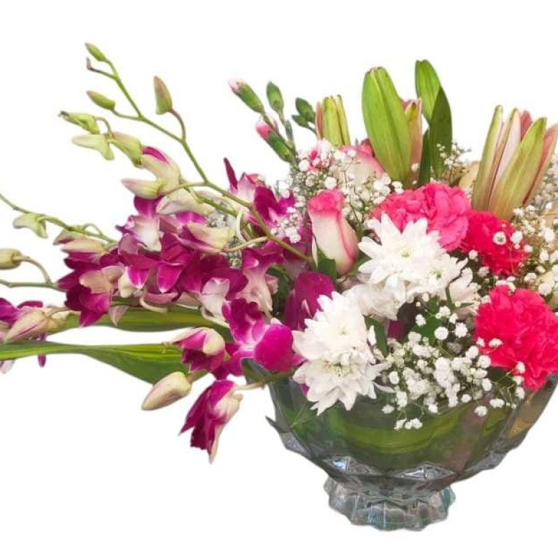 Glass bowl mixed color bouquet